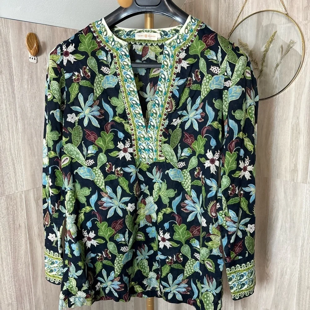 Tory Burch Embellished Garden Wisteria Beaded Garden Tunic Top Floral